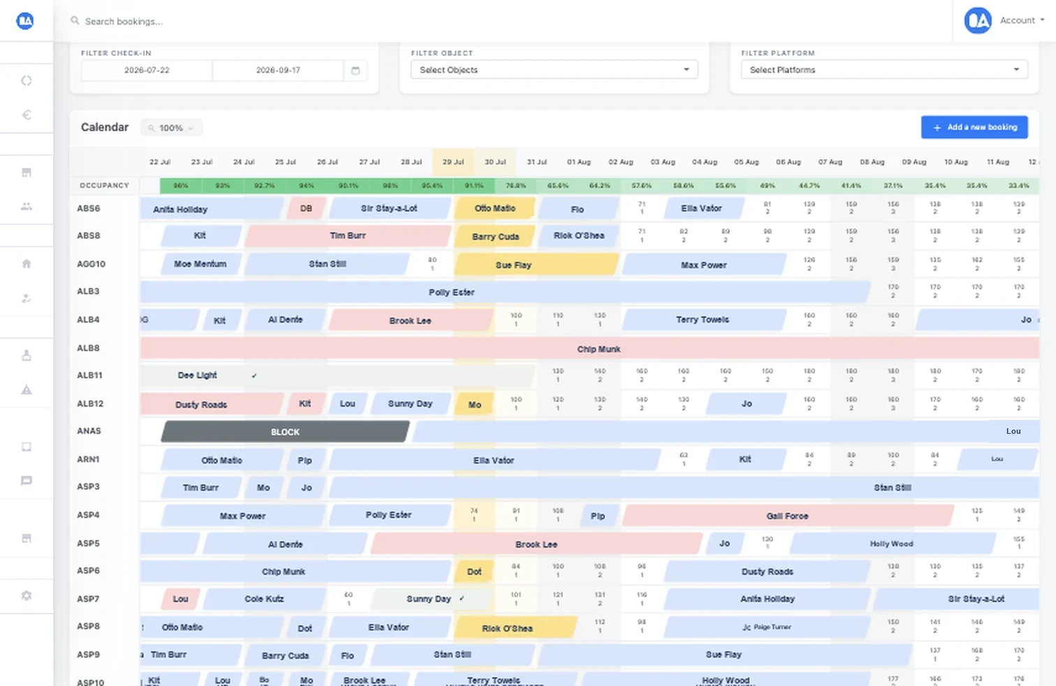 OkupAI reservation calendar with occupancy, rates, availability, and channel booking blocks