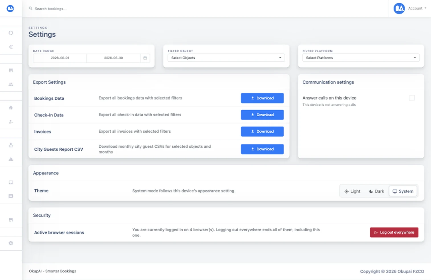 OkupAI settings dashboard with booking, check-in, invoice, and city guest report exports