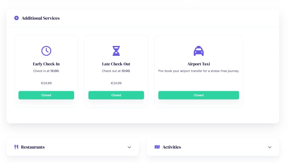 OkupAI guest portal showing optional early check-in, late check-out, airport taxi, restaurant, and activity services