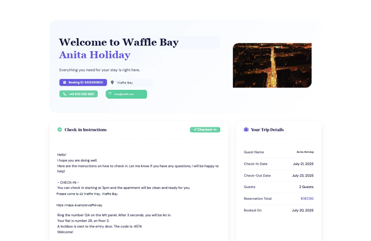 Guest portal showing check-in instructions, contact options, and trip details