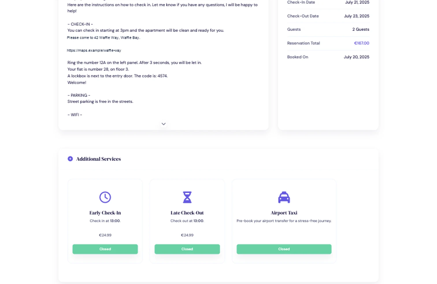 Guest portal showing check-in instructions and optional stay services