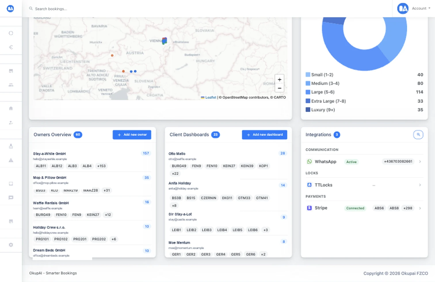 OkupAI integrations dashboard showing WhatsApp, TTLock, and Stripe connection states