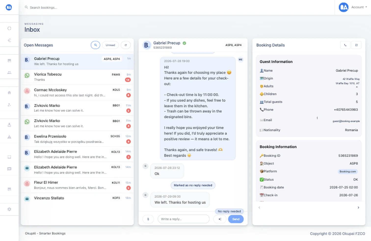 OkupAI messaging workspace with conversation list, message history, reply composer, and booking context